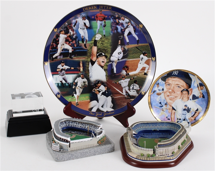 1990s-2000s New York Yankees / Giants Memorabilia - Lot of 5 w/ Mickey Mantle 6.5" Plate, Derek Jeter 12" Plate, Yankee Stadium Models & More