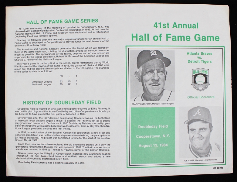 1984 Detroit Tigers Atlanta Braves Doubleday Field Hall of Fame Game Scorecard