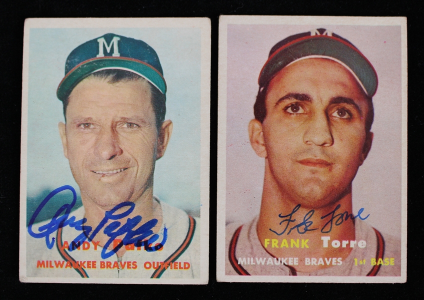 1957 Andy Pafko and Frank Torre Milwaukee Braves Autographed Topps Trading Cards (JSA) (Lot of 2)