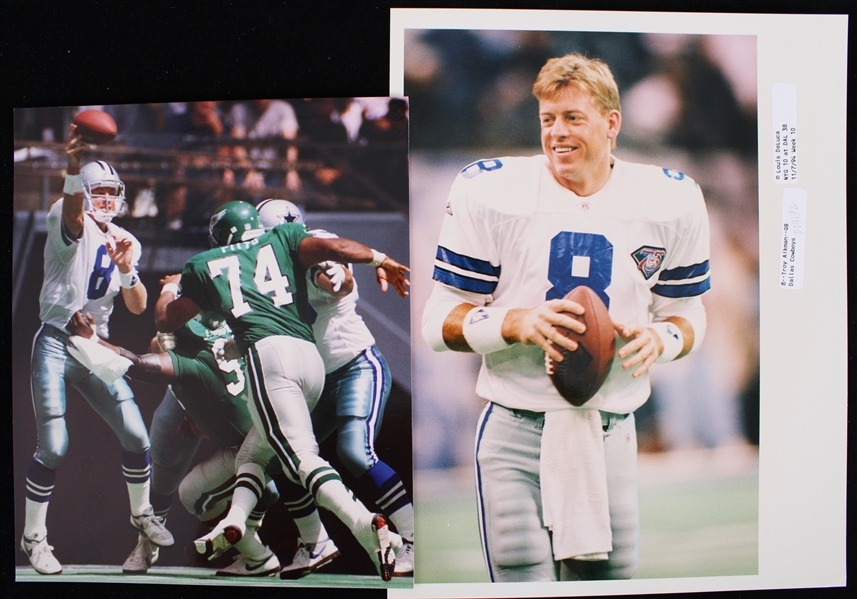 1989-2000 Troy Aikman Dallas Cowboys 7"x8" and 8"x10 Louis DeLuca Original Color Photos (Blank Backs) (Lot of 2)