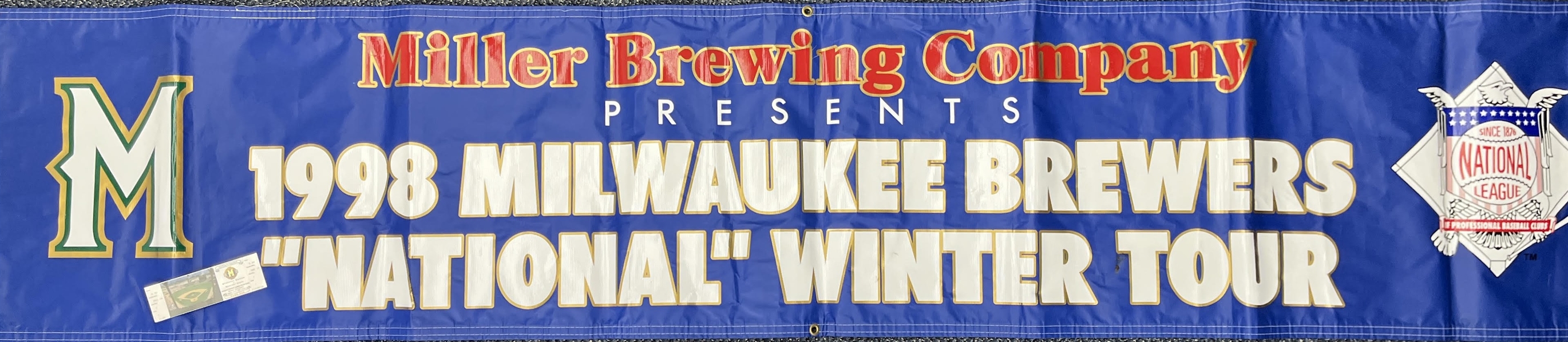 1998 Milwaukee Brewers County Stadium 24x117 National Winter Tour Banner w/ Game 1 Full Ticket 
