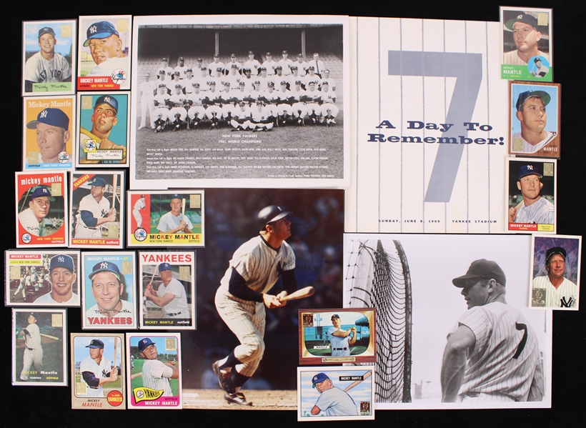 1961-96 Mickey Mantle New York Yankees Memorabilia Collection - Lot of 23 w/ Reprint Trading Cards, Photos, & A Day To Remember Program