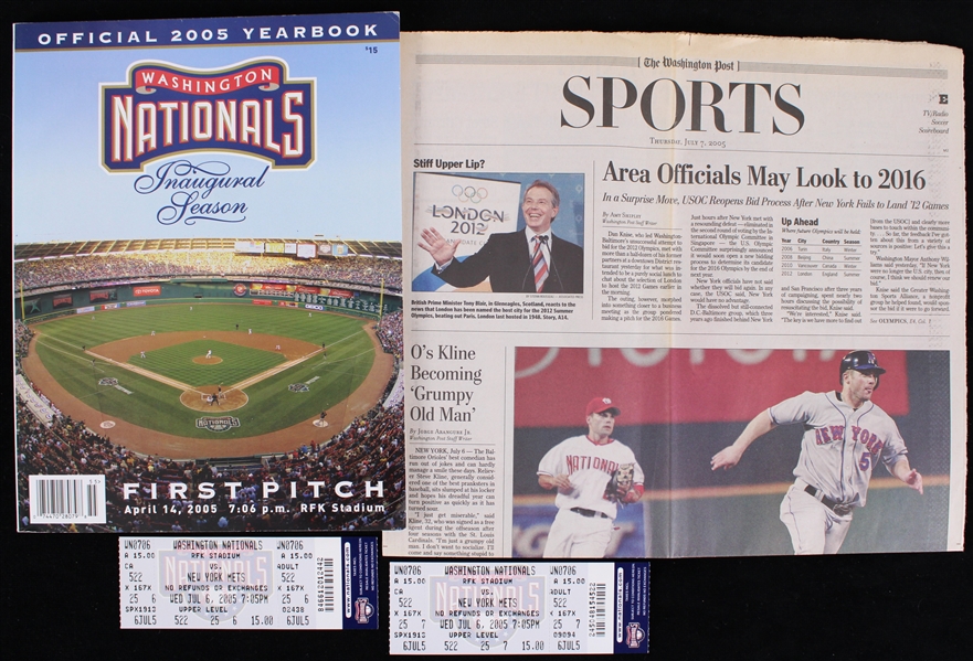 2005 Washington Nationals Inaugural Season Memorabilia - Lot of 4 w/ Program, Tickets & Newspaper Section