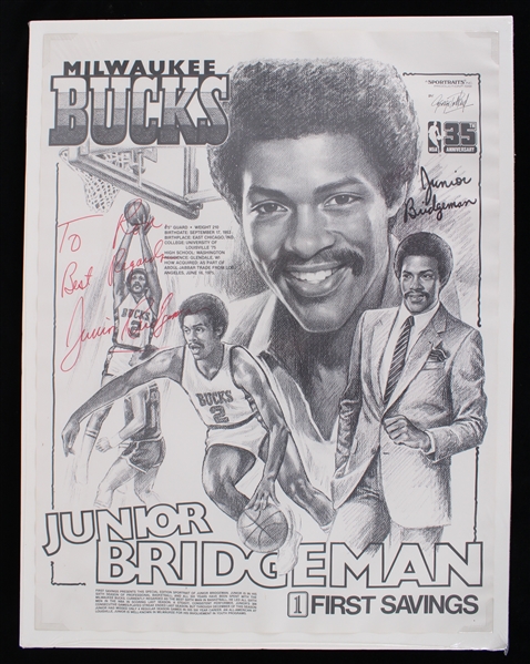 1981 Junior Bridgeman Milwaukee Bucks Signed 17x23 Sportrait (JSA)