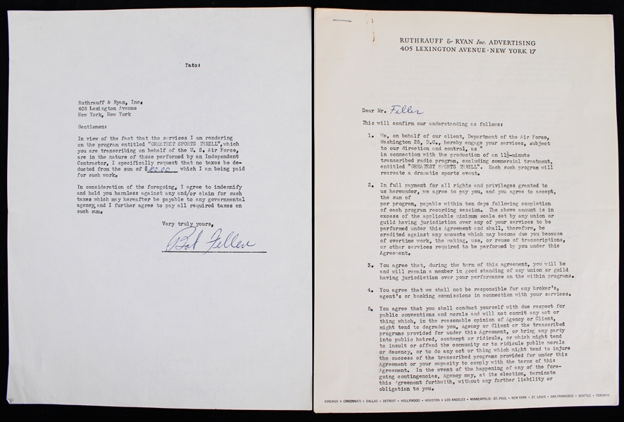 1955 Bob Feller Cleveland Indianss Signed "Greatest Sports Thrill" Radio Program Contract (JSA)