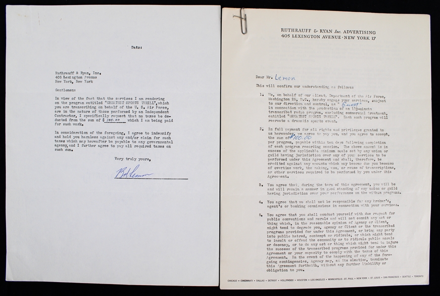 1955 Bob Lemon Cleveland Indians Signed "Greatest Sports Thrill" Radio Program Contract (JSA)