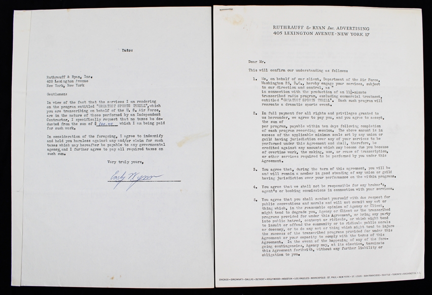 1955 Early Wynn Washington Senators Signed "Greatest Sports Thrill" Radio Program Contract (JSA)