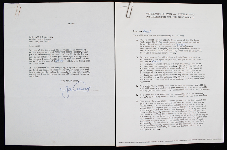 1955 Joe Adcock Milwaukee Braves Signed "Greatest Sports Thrill" Radio Program Contract (JSA)