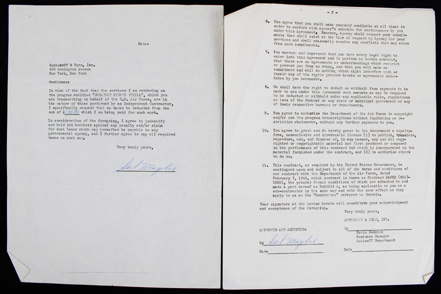 1955 Sal Maglie NY Giants Signed "Greatest Sports Thrill" Radio Program Contract (JSA)