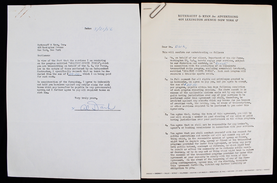 1956 Al Dark (d.2014) Boston Braves New York Giants St. Louis Cardinals Signed "Greatest Sports Thrill" Radio Program Contract  (JSA)