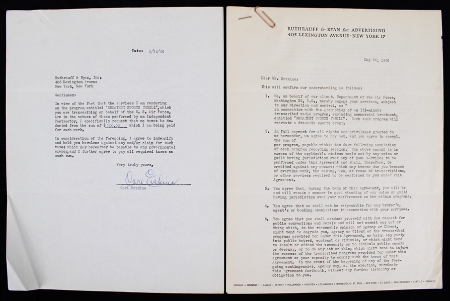 1956 Carl Erskine (d.2024) Brooklyn/Los Angeles Dodgers Signed "Greatest Sports Thrill" Radio Program Contract (JSA)