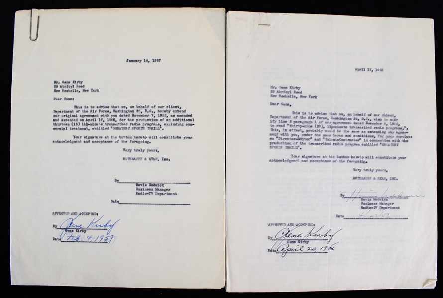 1957 Gene Kirby MLB Announcer and Front Office Executive Signed "Greatest Sports Thrill" Radio Program Contract (JSA)