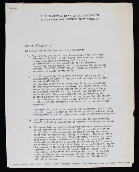 1955 Robin Roberts Signed "Greatest Sports Thrill" Radio Program Contract (JSA)