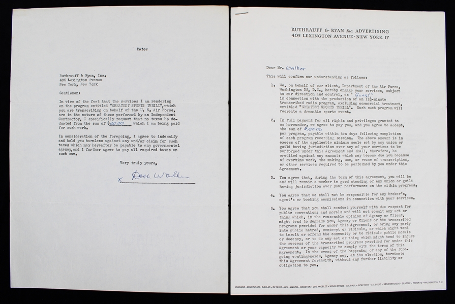 1955 Doak Walker Detroit Lions Signed "Greatest Sports Thrill" Radio Program Contract (JSA)