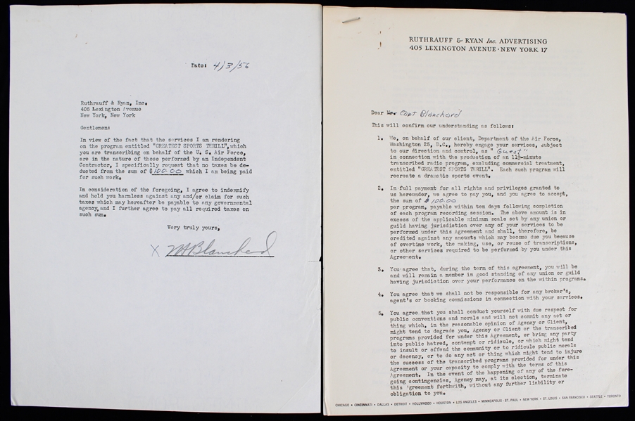 1956 Doc Blanchard West Point Signed "Greatest Sports Thrill" Radio Program Contract (JSA)