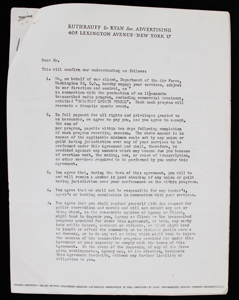 1956 Frank Gifford New York Giants Signed "Greatest Sports Thrill" Radio Program Contract (JSA)