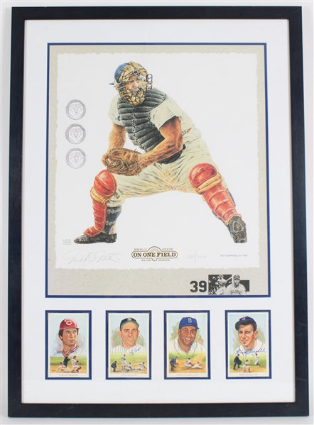 Johnny Bench, Yogi Berra, Rick Ferrell Signed 26x36 Framed LE Baseballs Greatest On One Field Print (JSA) 
