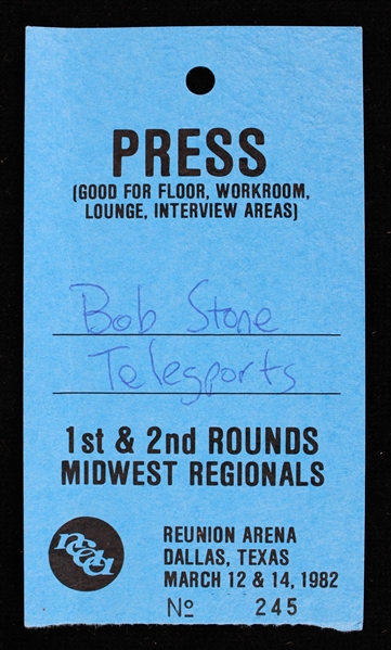 1982 Bob Stone Telesports NCAA Mens Basketball Tournament Midwest Regional Press Pass