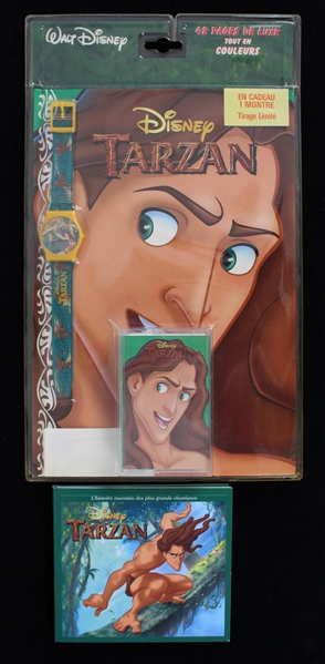 1999 Disneys Tarzan French Language Memorabilia w/ Watch, Cassette Tape, CD, and Books