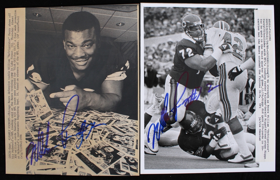 1985-86 William "The Refrigerator" Perry Chicago Bears Autographed 8"x10" B&W Press Photos (JSA) (Lot of 2)
