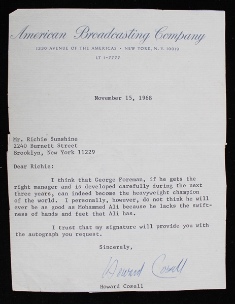 1968 Howard Cosell (d.1995) Signed Letter on ABC Letterhead (JSA)