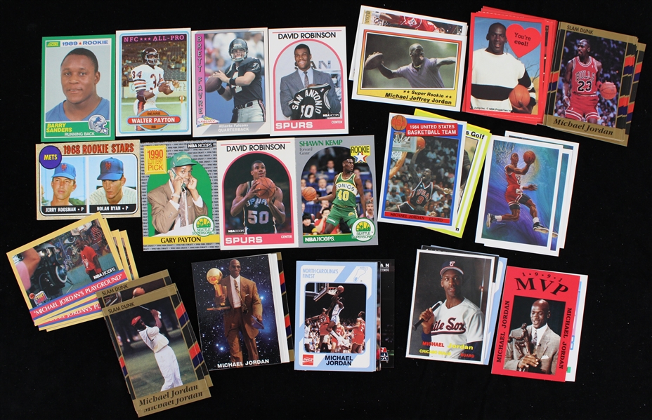 1980s-1990s Michael Jordan Chicago Bulls Barry Sanders Detroit Lions Brett Favre Atlanta Falcons and More Trading Cards and Michael Jordan Valentines Day Cards (Lot of 57)