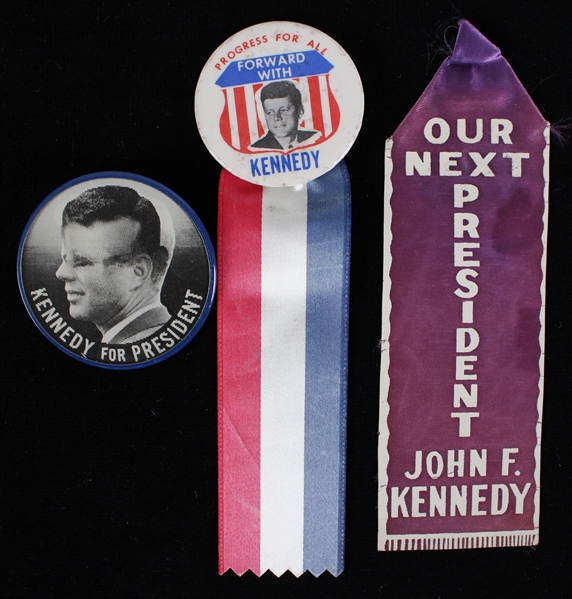 1960 John F. Kennedy Presidential Campaign Pinbacks & Ribbons - Lot of 3