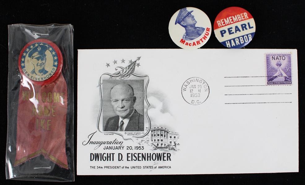 1940s-50s WWII Dwight Eisenhower General MacArthur & Pearl Harbor Pinback Buttons & First Day Envelope Collection - Lot of 4