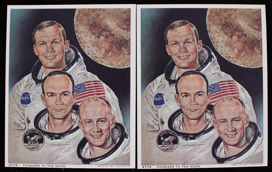 1969 Apollo 11 Astronauts Pioneers to the Moon 4" x 5" Mini Lithographs - Lot of 2