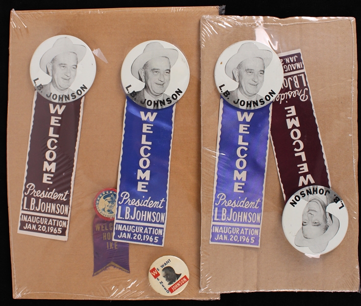 1945-65 Welcome Home Ike & Lyndon B. Johnson Inauguration Pinback Buttons w/ Ribbons - Lot of 6