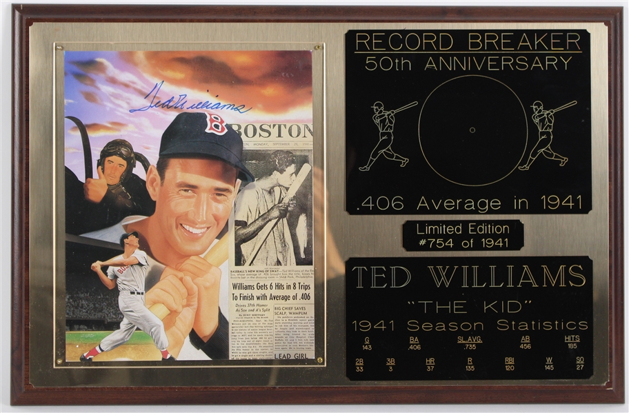 1939-60 Ted Williams Boston Red Sox Signed 13x20 LE 754/1941 Plaque (JSA) 
