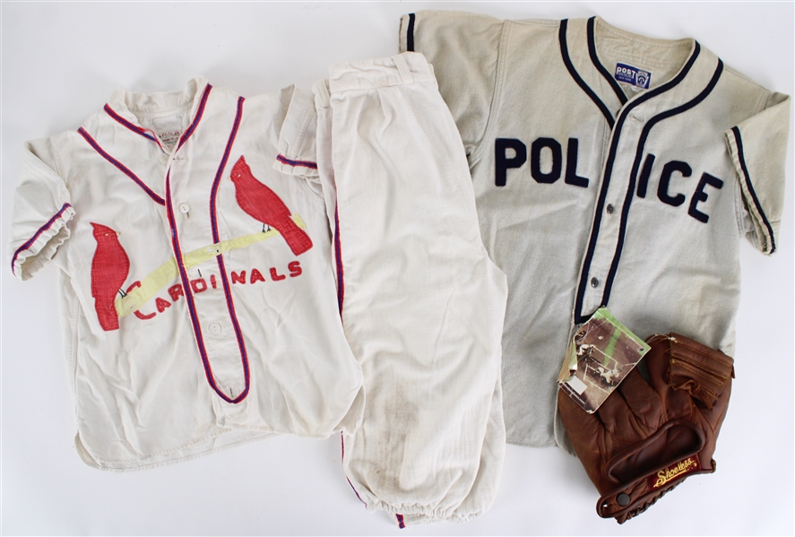 1950s-90s Baseball Memorabilia Collection - Lot of 3 w/ Flannel Little League Uniforms & Shoeless Joe Golden Age Glove  