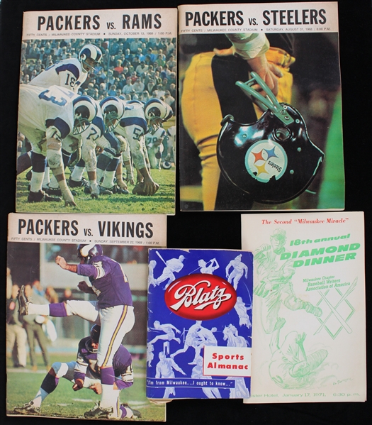 1951-71 Sports Publication Collection - Lot of 5 w/ Packers County Stadium Programs, Blatz Sports Almanac & Diamond Dinner Program