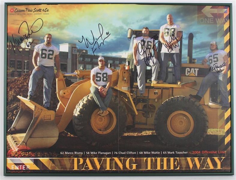 2004 Rivera, Flanagan, Clifton, Wahle, Tauscher Packers Offensive Line Signed 18x24 Framed Print (JSA)