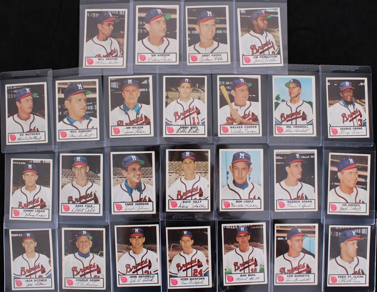 1953 Milwaukee Braves Johnston Cookie Baseball Trading Cards - Complete Set of 25 w/ Warren Spahn, Eddie Mathews, Del Crandall, Johnny Logan & More