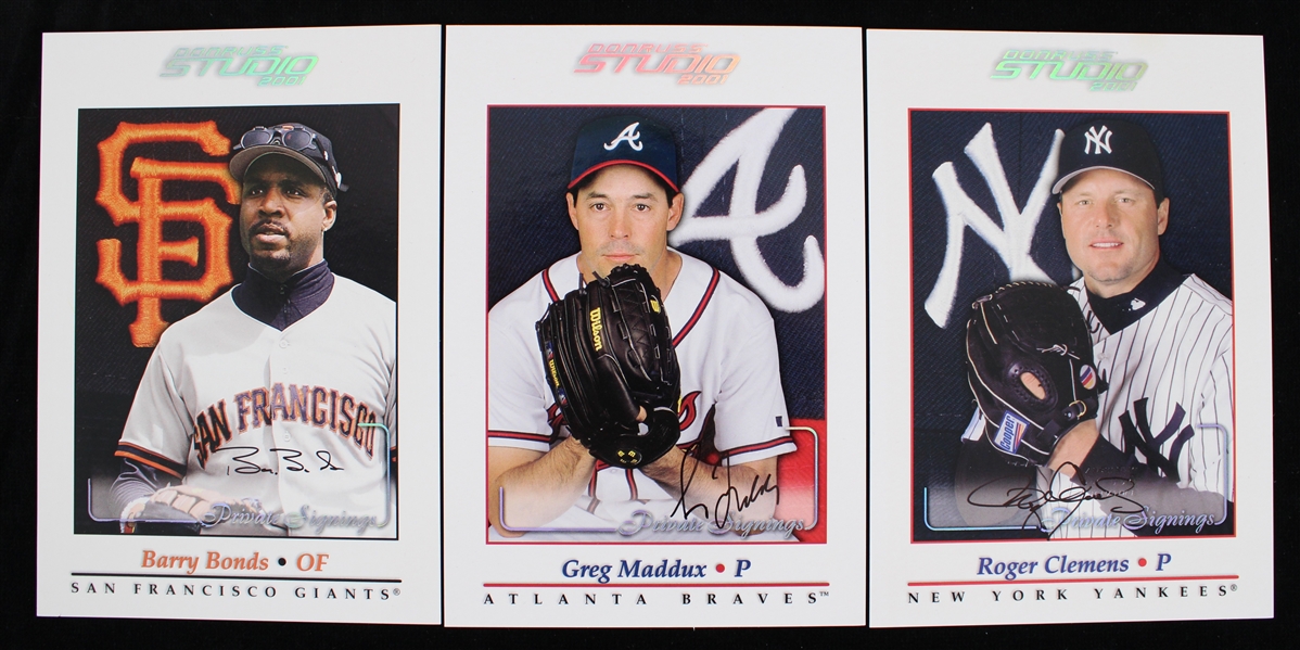 2001 Greg Maddux Barry Bonds Roger Clemens Signed Donruss Studio Private Signings Oversize Baseball Trading Cards - Lot of 3