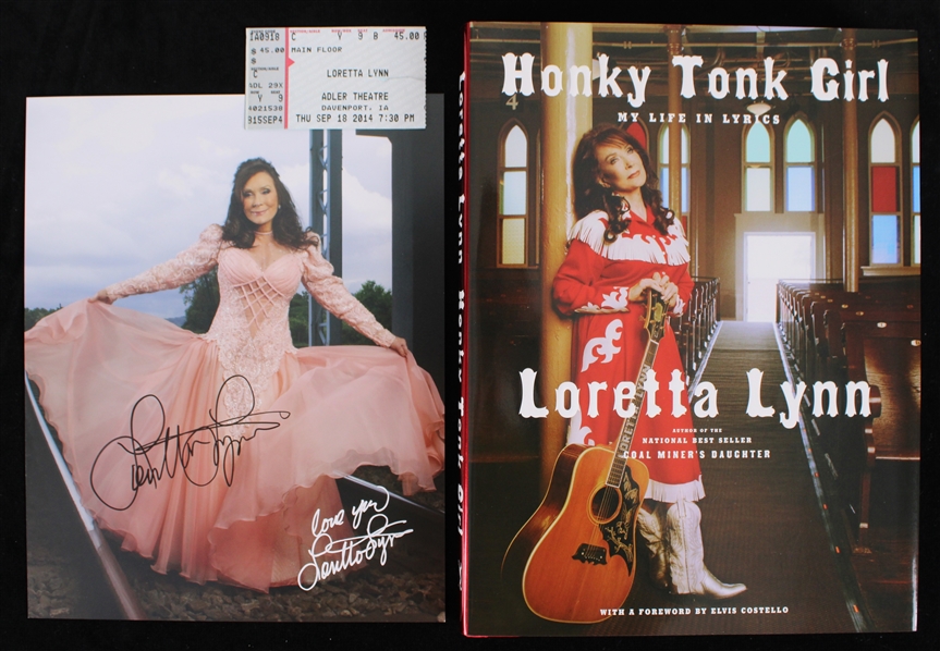 2012-14 Loretta Lynn Country Singer Memorabilia Collection - Lot of 3 w/ Ticket Stub, Signed Photo & Signed Hardcover Book (JSA)