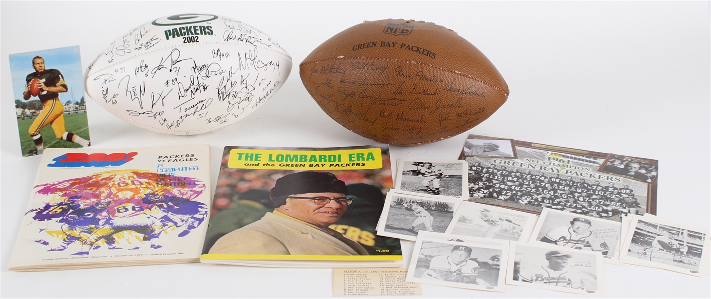 1960s-2000s Green Bay Packers Milwaukee Braves Memorabilia Collection - Lot of 26 w/ Facsimile Signed Footballs, Publications & Trading Cards