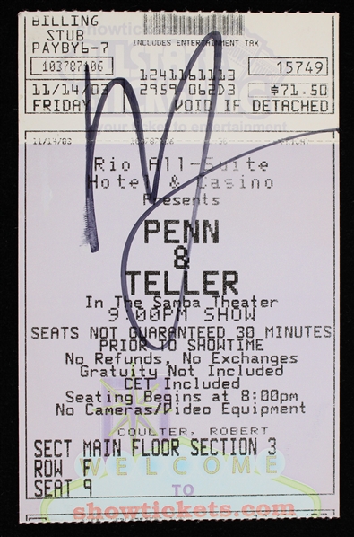 2003 Penn Jillette Signed Penn & Teller Ticket Stub (JSA)