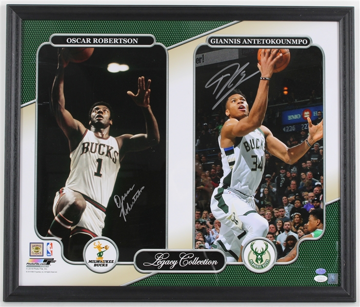 2018 Giannis Antetokounmpo & Oscar Robertson Bucks Signed 22x26 Framed Photo (JSA)