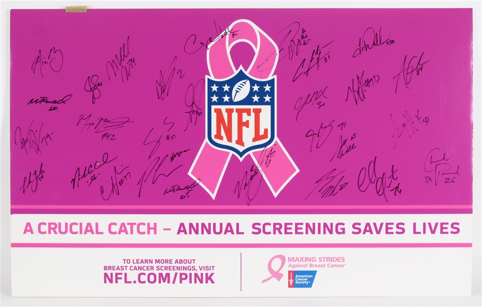 2010 Aaron Rodgers, Mason Crosby, AJ Hawk & more Packers Multi Signed 20x32 Breast Cancer Sign (JSA) 