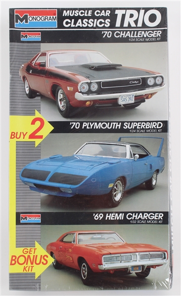 1970s Muscle Car Classics Trio MIB Monogram #6098 Scale Model Car Kit w/ 70 Challenger, 70 Plymouth Superbird & 69 Charger