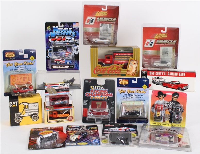 1980s-2000s MOC & MIB Scale Model Replica Cars - Lot of 17 w/ Dale Earnhardt, Beach Boys, Don Prudhomme, Linda Vaughn, Coca Cola & More
