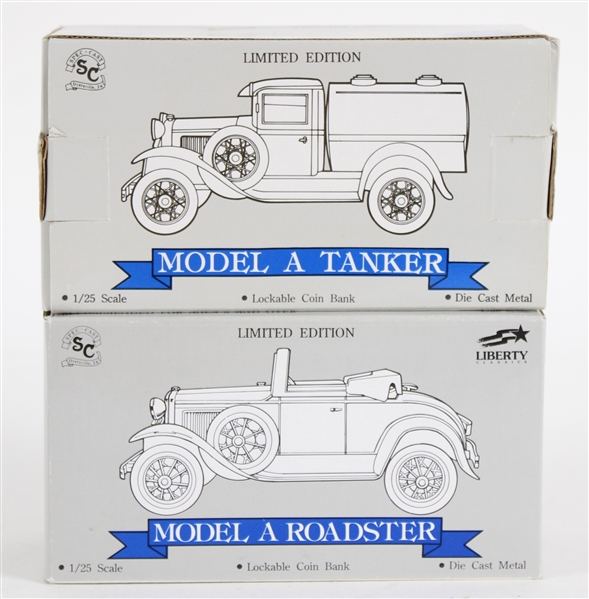 1990s Model A Tanker & Model A Roadster MIB Die Cast Metal Coin Banks - Lot of 2