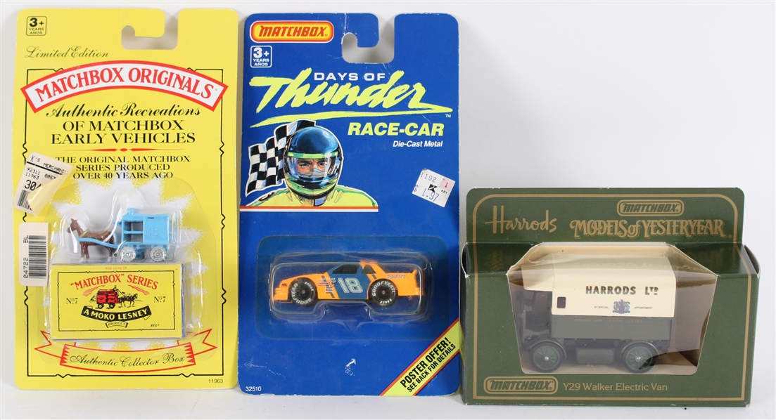 1980s-90s Matchbox MOC Car Collection - Lot of 3 w/ Days of Thunder, Harrods Y29 Walker Electric Van & Horse Drawn Milk Float