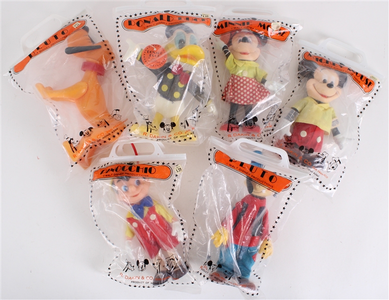 1960s Mickey Mouse & Friends MIB Dolls by R. Dakin & Co. - Lot of 6 w/ Mickey, Minnie, Pluto, Pinocchio & Donald Duck