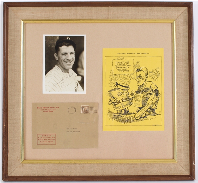 1925-36 Charlie Grimm Chicago Cubs Signed 20x22 Framed Photo w/ Blue Ribbon Malt Envelope & Drawing (JSA)