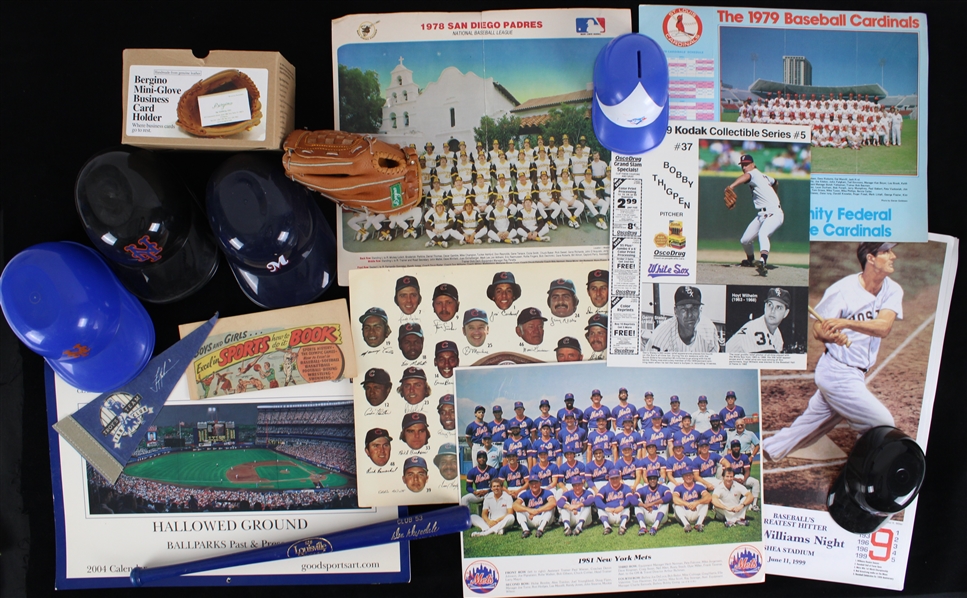 1970s-2000s Baseball Memorabilia Collection - Lot of 100+ w/ Programs, Don Drysdale Mini Bat, Ted Williams Posters, Postcards & More