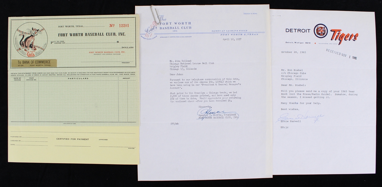 1957-65 Baseball Memorabilia Collection - Lot of 3 w/ Ernie Harwell Signed Correspondence & Fort Worth Baseball Club Items