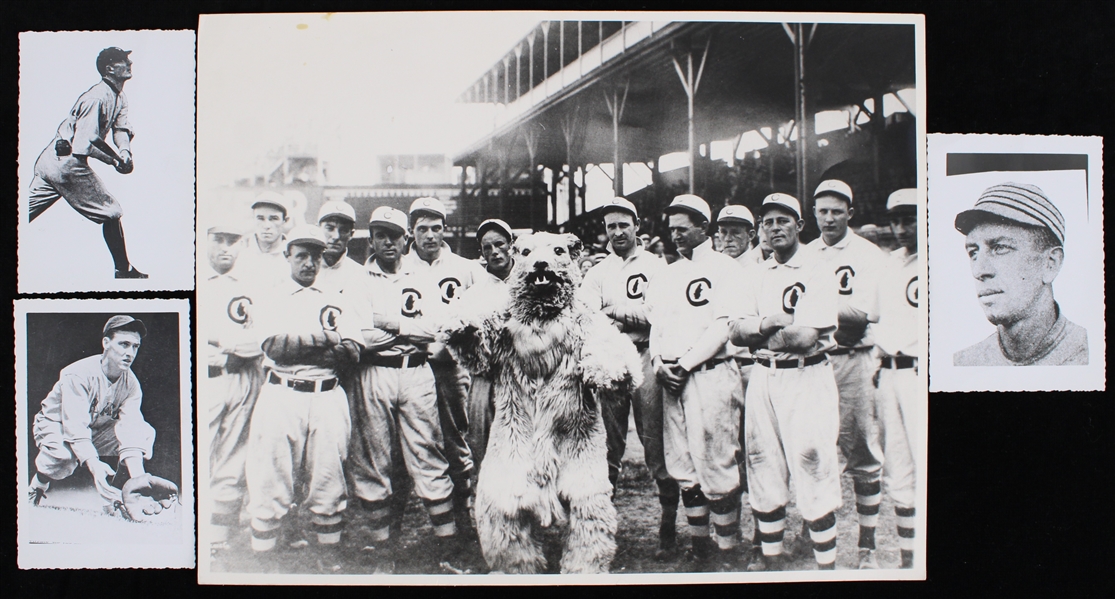 1908 Chicago Cubs 11" x 14" Team Photo w/ Bear Mascot + (3) 3.5" x 5.25" Player Photos